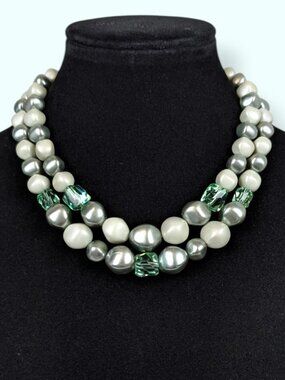 Vintage 2-Strand Metallic Faux Pearl & Green Bead Statement Necklace